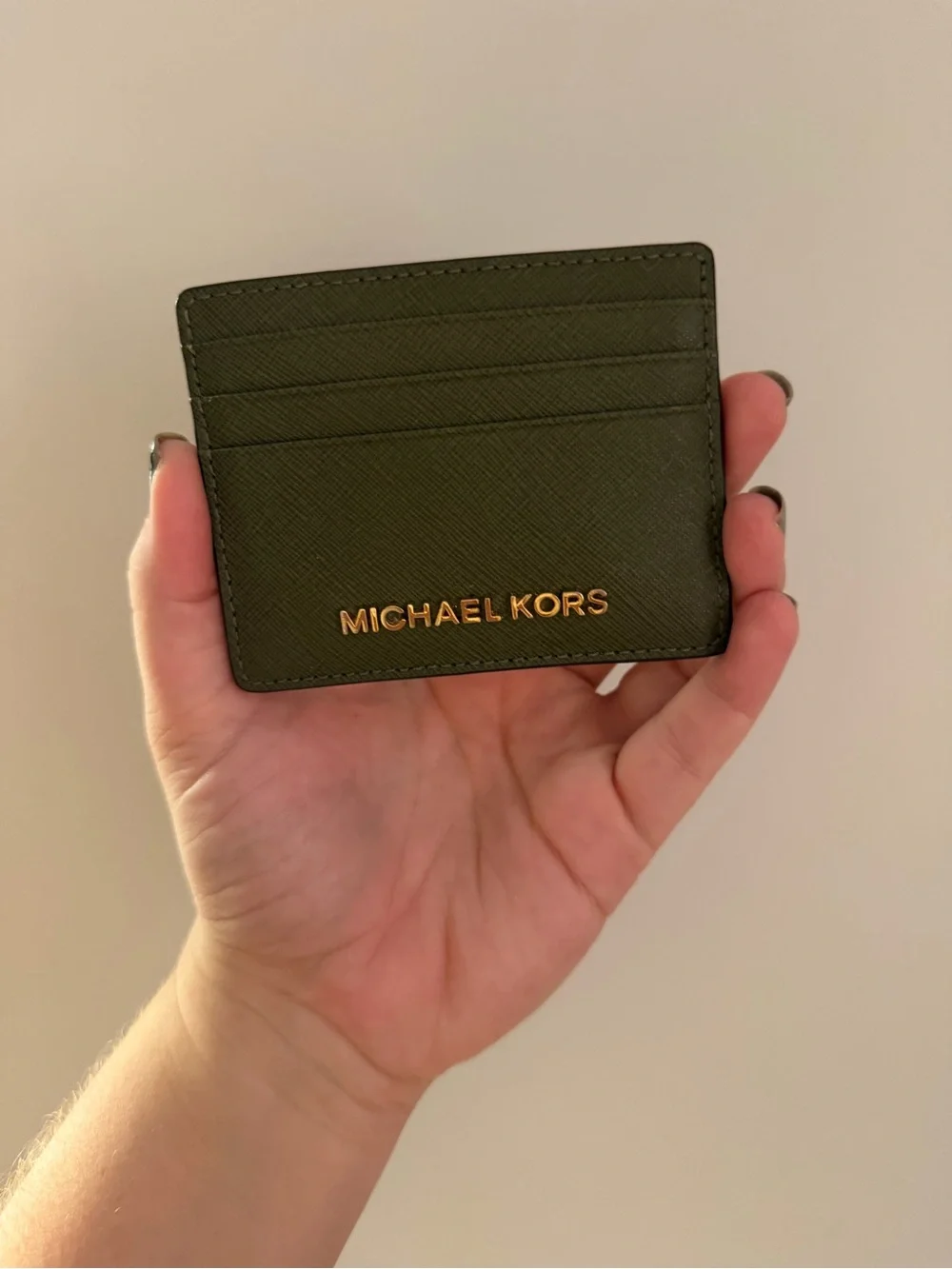 Michael Kors Dark Olive Saffiano Leather Card Case with Gold Logo
